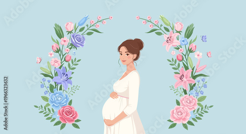 A pregnant woman adorned with flowers, symbolizing new beginnings and maternal love, captured in a soft, ethereal illustration
