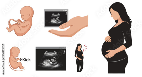 Visual journey through pregnancy, showcasing fetal development from embryo to kick, detailed ultrasound scans, and the expecting mother's emotional experience
