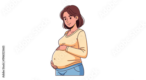 Happy expectant mother gently cradling her baby bump, smiling in anticipation of motherhood and new beginnings, vector illustration