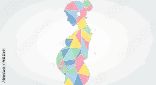 Geometric Silhouette of a Pregnant Woman with a Vibrant, Colorful Abstract Pattern Representing Life and New Beginnings