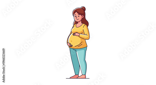 A pregnant woman stands with her hands on her belly, smiling gently, celebrating the joy of motherhood and expecting a new life