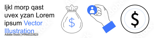 Banking, finance, digital identity, transactions, economic decisions, user data protection. Hand holding an avatar symbol, dollar bag and currency icon. Banking and finance concepts