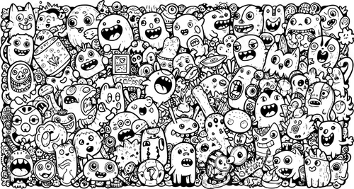 Seamless hand-drawn black and white doodle monster characters pattern. A funny, cute, and playful crowd of cartoon creatures filling the entire frame, perfect for kids' designs and backgrounds.
