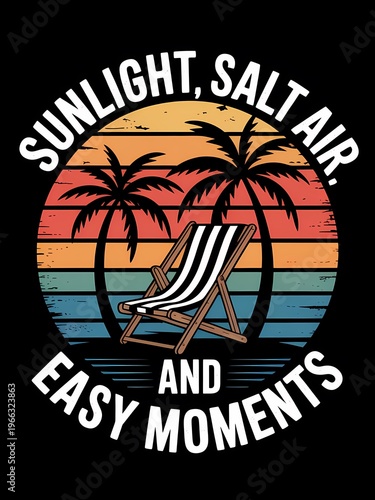 Tropical beach scene with palm trees and sunset colors on black background