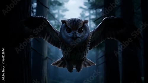 Majestic owl flying through misty forest with spread wings in low light