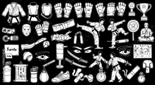 Karate Black and White Doodle Collection: Martial Arts Symbols