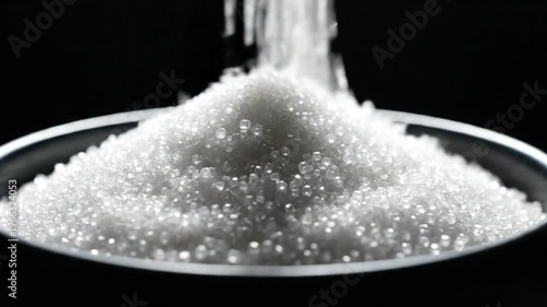 Granulated white crystalline sweetener being poured into a metal bowl, creating a mound of sweet crystals against a dark background