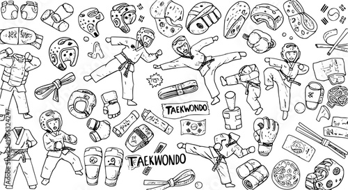 Taekwondo Martial Arts Hand-drawn Doodle Illustration. Outline Vector Collection of Training Equipment, Uniforms, Belts, and Cartoon Characters Practicing.