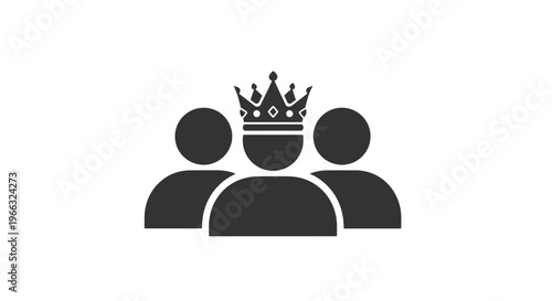 Simple black vector graphic illustration depicting a group of three people with one central figure proudly wearing a royal crown icon.