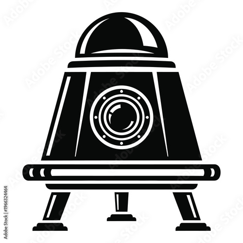 Black and white illustration of a robot with a dome on top  simple design icon