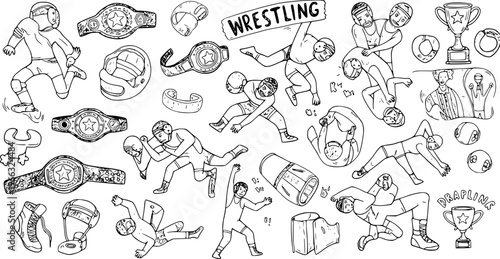 Hand drawn wrestling doodles set with athletes in action, championship belts, trophies, and protective headgear.
