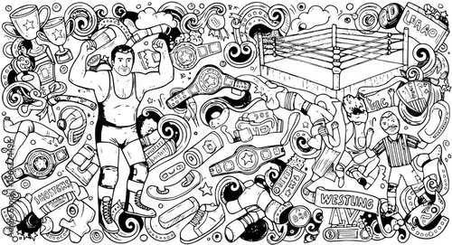 Detailed Wrestling Doodle Art Illustration with Ring, Fighters, Referee, Championship Belts, Trophies, and Sports Gear