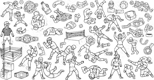 Hand-drawn doodle style wrestling collection with various wrestlers, referee, ring, and championship belts