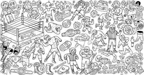 Black and white doodle style cartoon illustration set of wrestling and lucha libre characters and objects, including wrestlers, a ring, and championship belts.