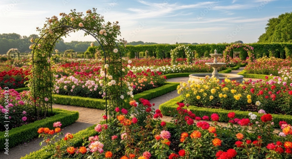 Obraz premium A vibrant, colorful garden with a variety of flowers, including roses, daisies, and dahlias, arranged in a symmetrical pattern with a fountain and a decorative archway in the foreground.
