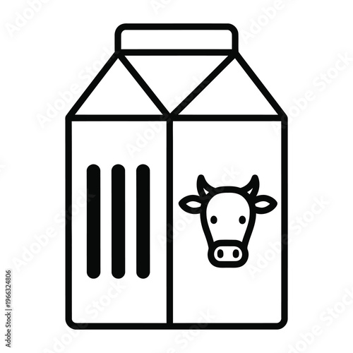 Black line drawing milk carton with cow head on white background icon