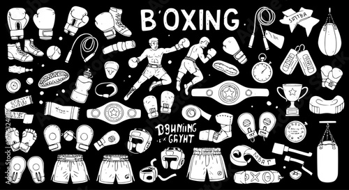 Boxing Doodles: Hand-Drawn Vector Set with Gloves, Fighters, Gear, and Accessories for Sports and Fitness Design