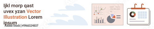 Business planning, data analysis, performance tracking, project management, financial insights, time management. Graphs and a calendar icon. Data analysis and performance tracking concept