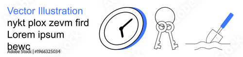 Time management, security solutions, construction projects, minimalism, resource planning, abstract concepts. a clock, keys and a shovel line art. Time management and security solutions concept