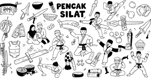 Pencak Silat Doodle Set: Hand-drawn illustrations of Indonesian martial arts, featuring practitioners, traditional weapons, uniforms, and cultural items.