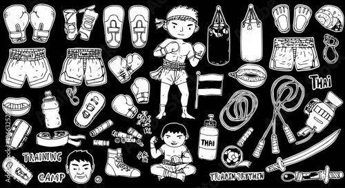 Muay Thai Training Gear and Fighter Characters Hand Drawn Doodle Set