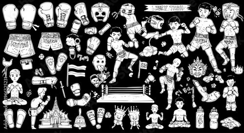 Muay Thai Fighters, Training Gear, and Cultural Elements - Hand-drawn Vector Illustration Set of Traditional Thai Boxing Sports Icons on Black Background