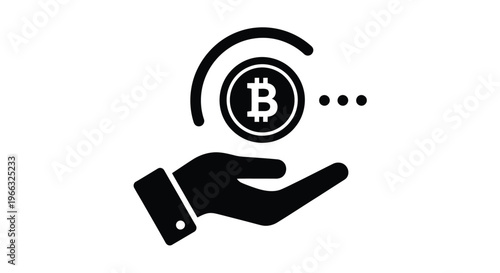 Hand holding a bitcoin coin with an arrow indicating a digital cryptocurrency transaction process, representing modern financial technology in a vector graphic illustration.