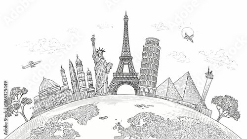 Global landmarks illustrated on a world map with famous buildings and monuments