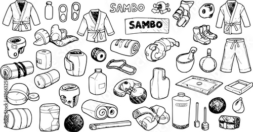 Sambo Martial Arts Gear: Vector Doodle Illustration of Uniforms, Protective Equipment  Accessories
