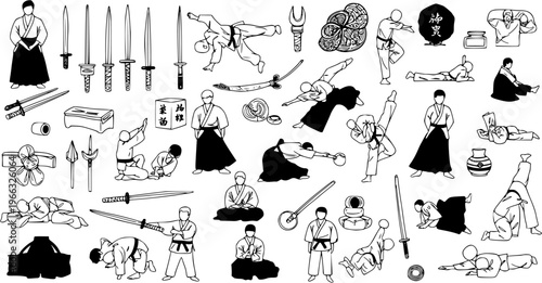 Detailed collection of hand-drawn Aikido martial arts illustrations featuring techniques, uniforms, traditional weapons, and training equipment.
