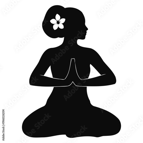 Silhouette of a Woman in Yoga Meditation Pose with Flower for Wellness and Spa Branding