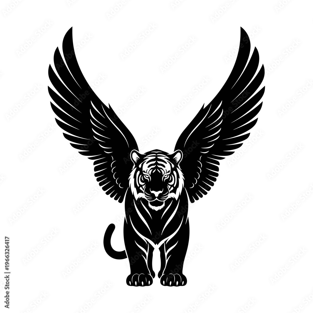 Fototapeta premium Majestic winged tiger illustration symbolizing power, freedom, and mythic strength, a striking creature design for fantasy and emblem art