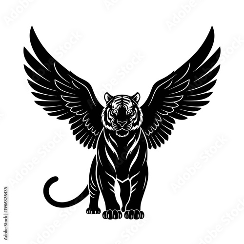 Powerful and majestic mythical winged tiger illustration, symbolizing strength and grace, ideal for graphic design projects requiring a bold and legendary creature emblem