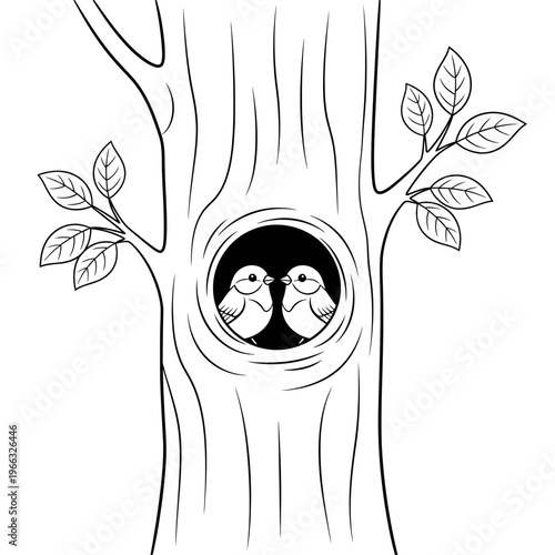 Sweet illustration of two tiny birds nestled together within a hollow tree trunk, surrounded by leafy branches, symbolizing comfort, companionship, and the nurturing embrace of nature's home