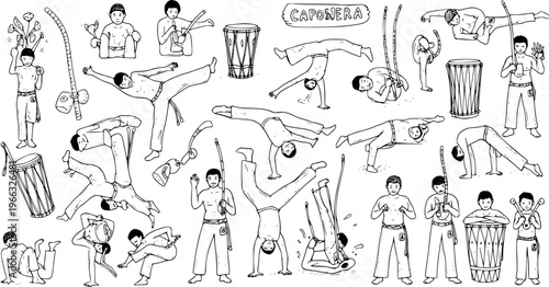 Hand-drawn Capoeira illustration: dynamic martial arts poses, acrobatic movements, players with traditional instruments like berimbaus and drums. Brazilian cultural art.