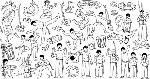 Capoeira: Intricate Black and White Doodle Illustration of Brazilian Martial Art, Music, and Cultural Elements