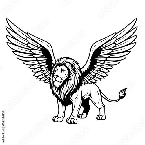Majestic mythical winged lion illustration in black and white, depicting a powerful and noble creature with large, outstretched wings, symbolizing strength and freedom in a classic style