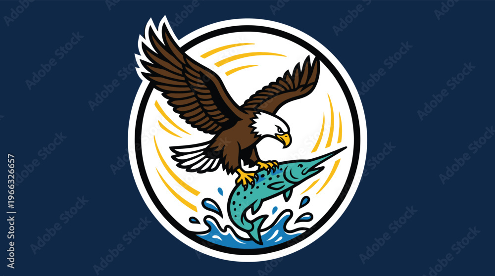Fototapeta premium Patriotic American Bald Eagle Catching a Game Fish Vector Mascot Logo Illustration for Sports Fishing and Outdoors Branding