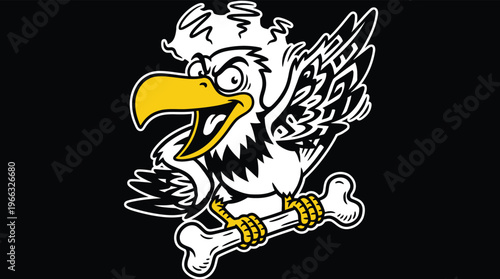 Angry Cartoon Eagle Mascot Holding Bone Vector Illustration for Sports Teams and Gaming Logo Design