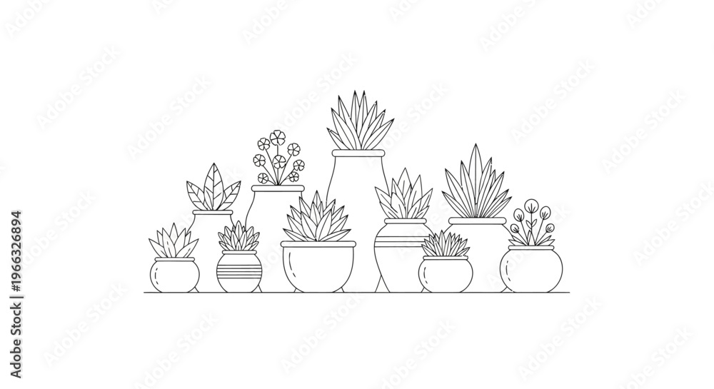 Fototapeta premium Line art illustration of various potted succulent plants in different containers.