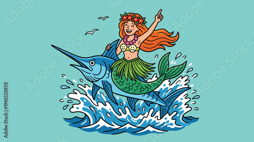 Happy Mermaid in Hula Skirt Riding a Jumping Marlin Fish in the Blue Ocean Waves Vector Illustration for Tropical Summer Travel Branding