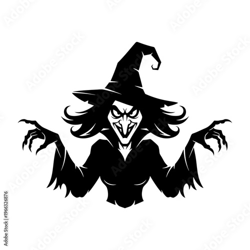 Spooky Silhouette of a Wicked Witch with Glowing Eyes and Extended Claws, Perfect for Halloween