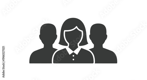 This professional vector graphic illustration depicts a diverse group of three users or team members, featuring a central female and two male silhouettes, ideal for modern design.