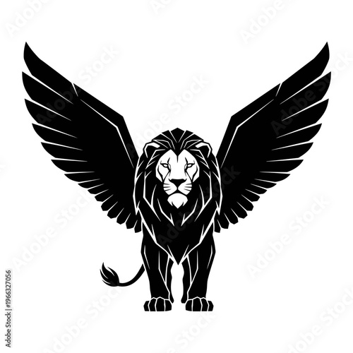 A striking illustration of a majestic winged lion, a powerful mythological concept symbolizing strength, courage, and leadership, ideal for emblem and logo designs