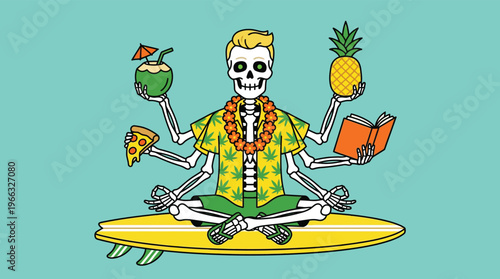 Funny Skeleton Character Meditating on Surfboard in Hawaiian Shirt with Summer Elements for Lifestyle and Vacation Illustration