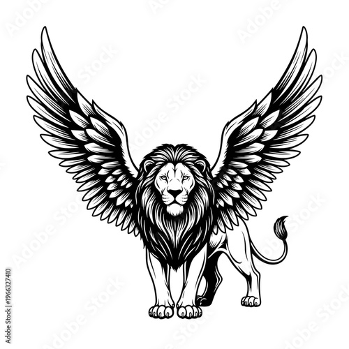 Majestic black and white vector illustration depicting a powerful winged lion, symbolizing strength, freedom, and ancient mythical legends, perfect for inspiring awe and grandeur