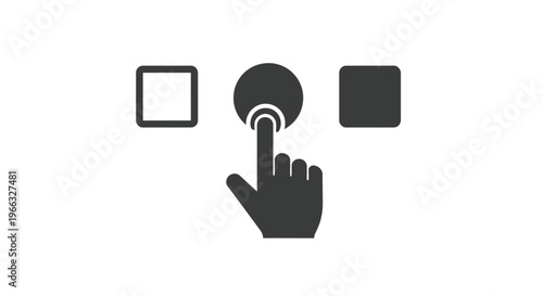 This clean vector graphic illustration showcases a human hand icon cursor pressing a circular button, selecting an option within a simple user interface design.