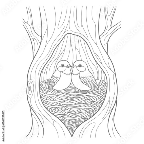 Charming line art illustration of two adorable small birds nestled together in their cozy woven nest within a tree hollow, ideal for a relaxing coloring activity