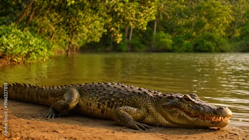 Crocodile Resting on Riverbank in Natural Jungle Setting with Calm Water and Dense Green Foliage
