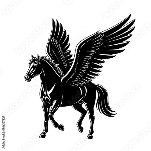 Striking monochromatic depiction of a legendary winged equine, embodying ancient folklore and powerful mythological themes, perfect for iconic fantasy designs